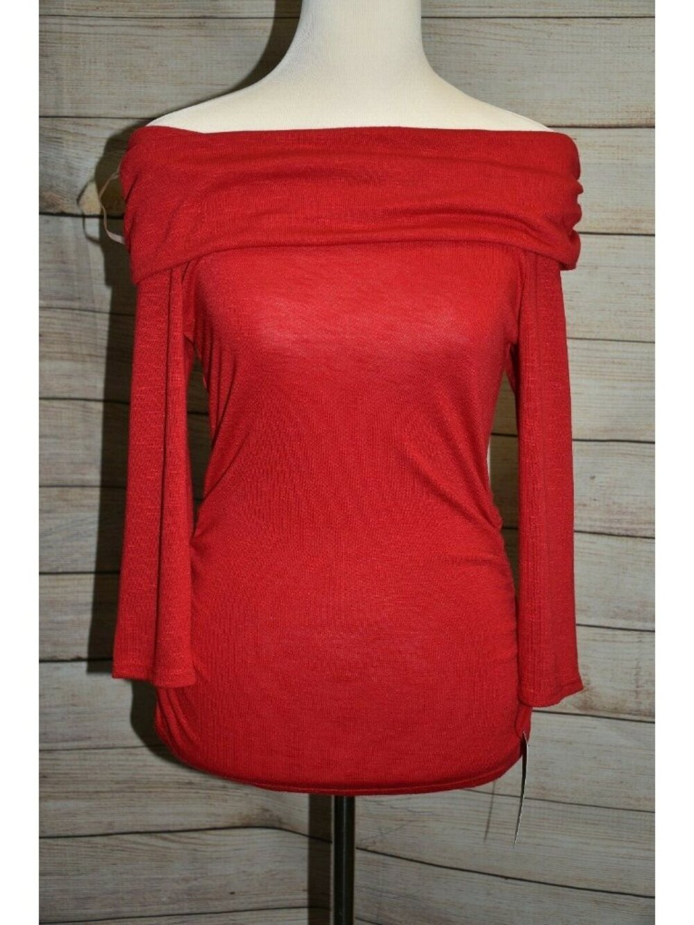 NWT BCX M RUCHED BURNOUT 3/4 SLEEVE COWL NECK OFF SHOULDER RED FITTED BLOUSE TOP